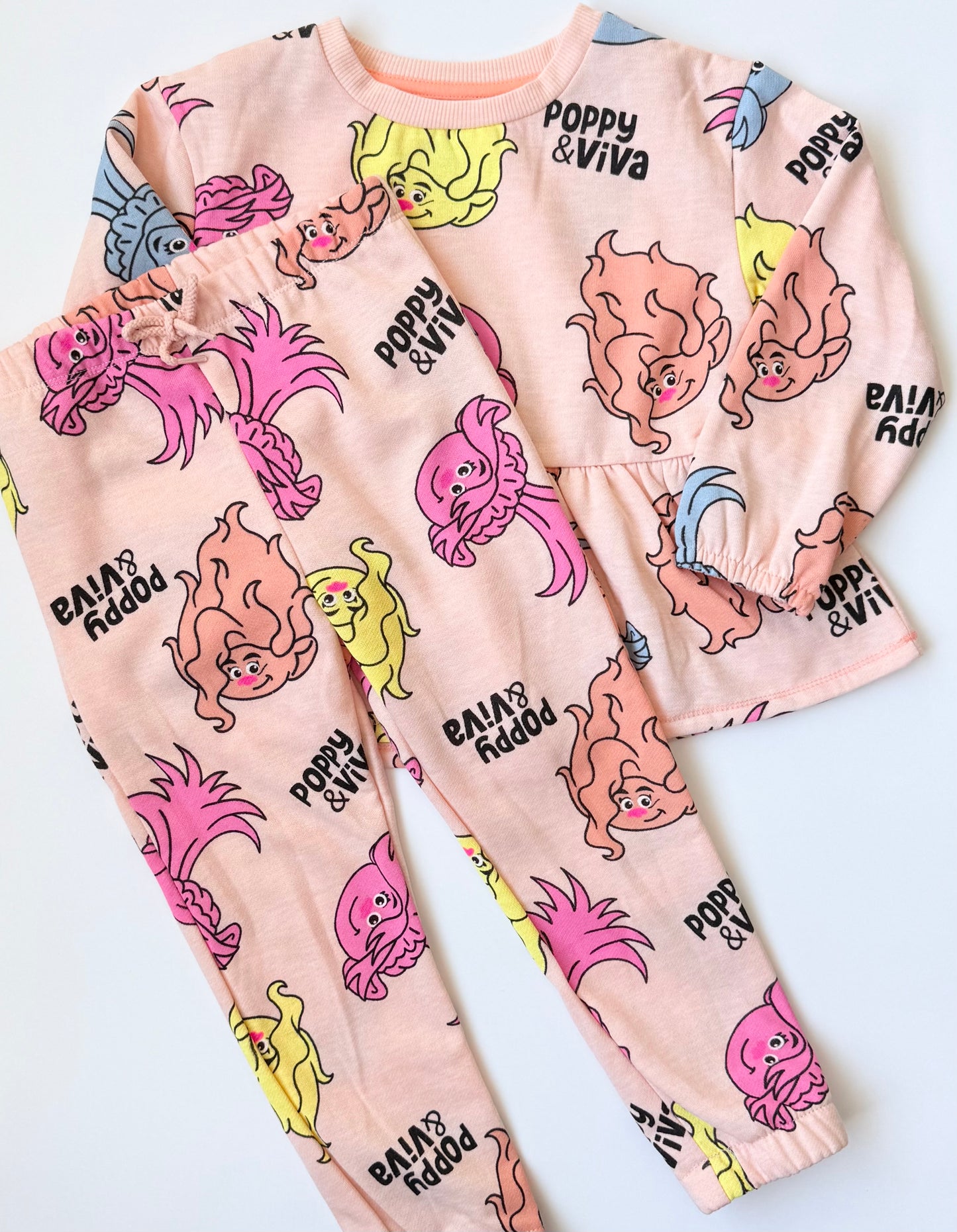 Dreamworks Trolls Orange Neon Poppy & Viva AOP Peplum Sweater & Pants Set (4T)