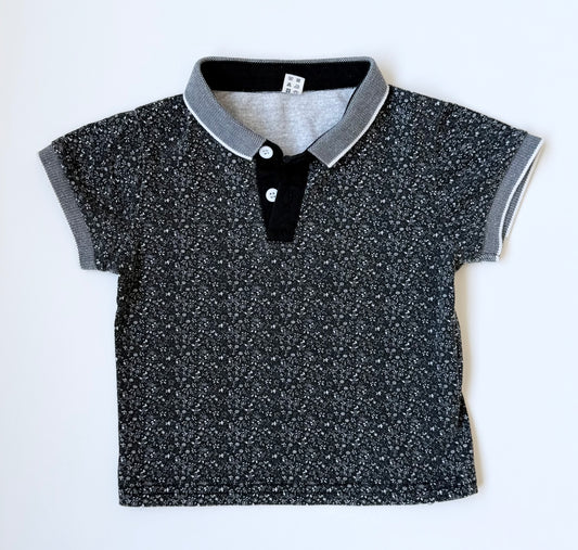 Power Bear Black & Dainty White Florals Collared Button Front T-Shirt (2T)