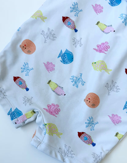 Rise Little Earthlings White Fishy Long Sleeve & Shorts Rashguard One Piece Swimsuit (2T)
