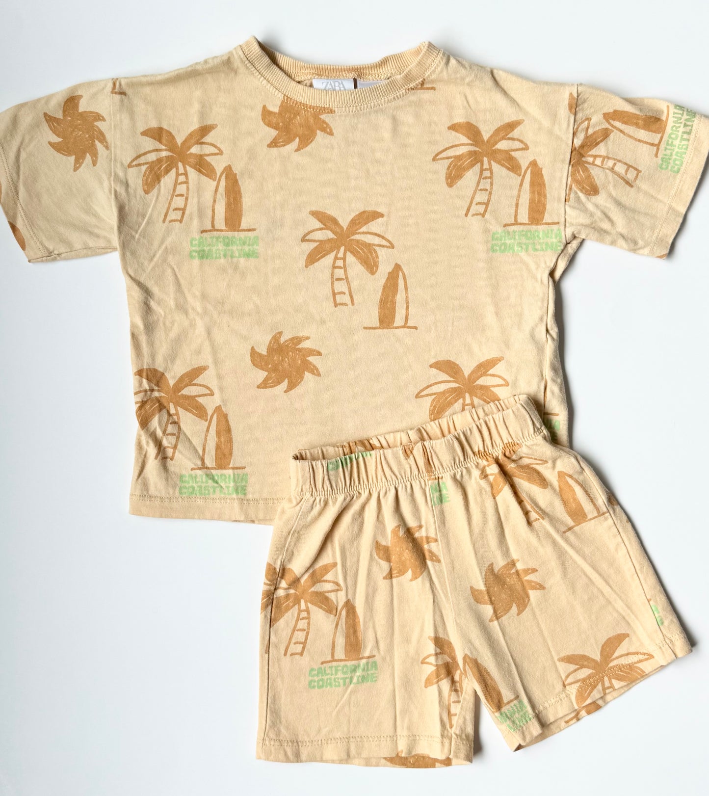 Zara Light Orange “California Coastline” Palm Trees T-Shirt & Shorts Matching Set (3 Years)