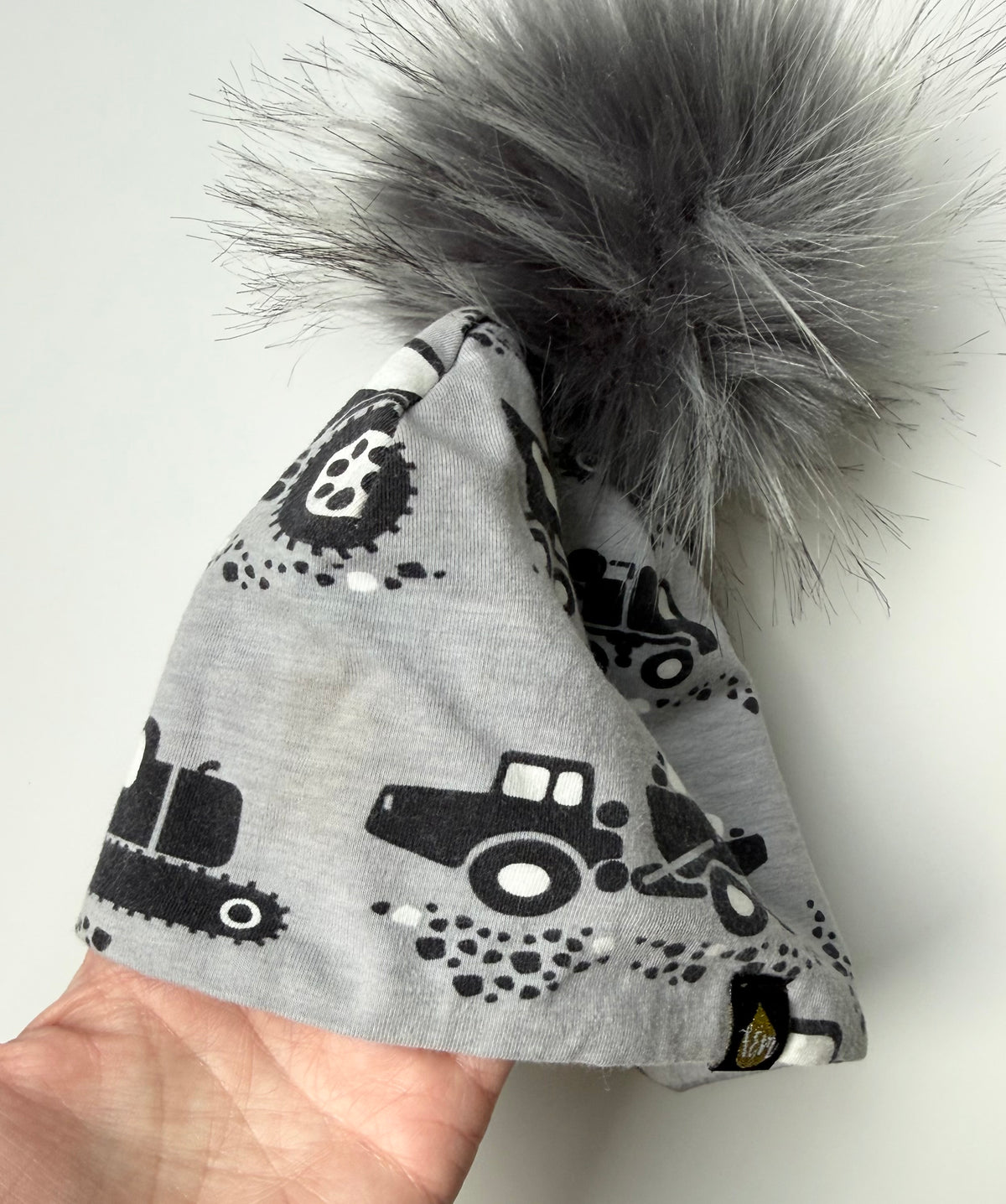 Fil & Miel Grey Construction Trucks Pom Beanie (6-18 Months)