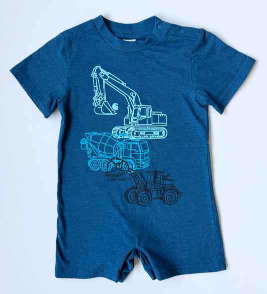 Carhartt Blue Construction Vehicles Shorty Romper (24 Months)
