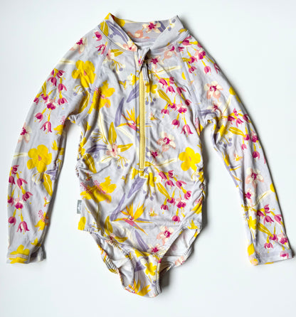 Jan & Jul Light Purple & Yellow Flowers Long Sleeve One Piece Swimsuit (4T)
