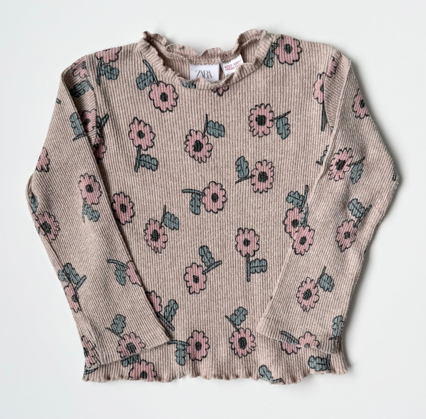 Zara Tan Ribbed Pink Flowers Long Sleeve & Leggings Set (2-3 Years)