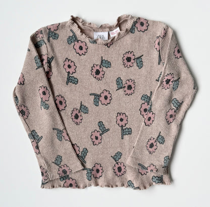 Zara Tan Ribbed Pink Flowers Long Sleeve & Leggings Set (2-3 Years)