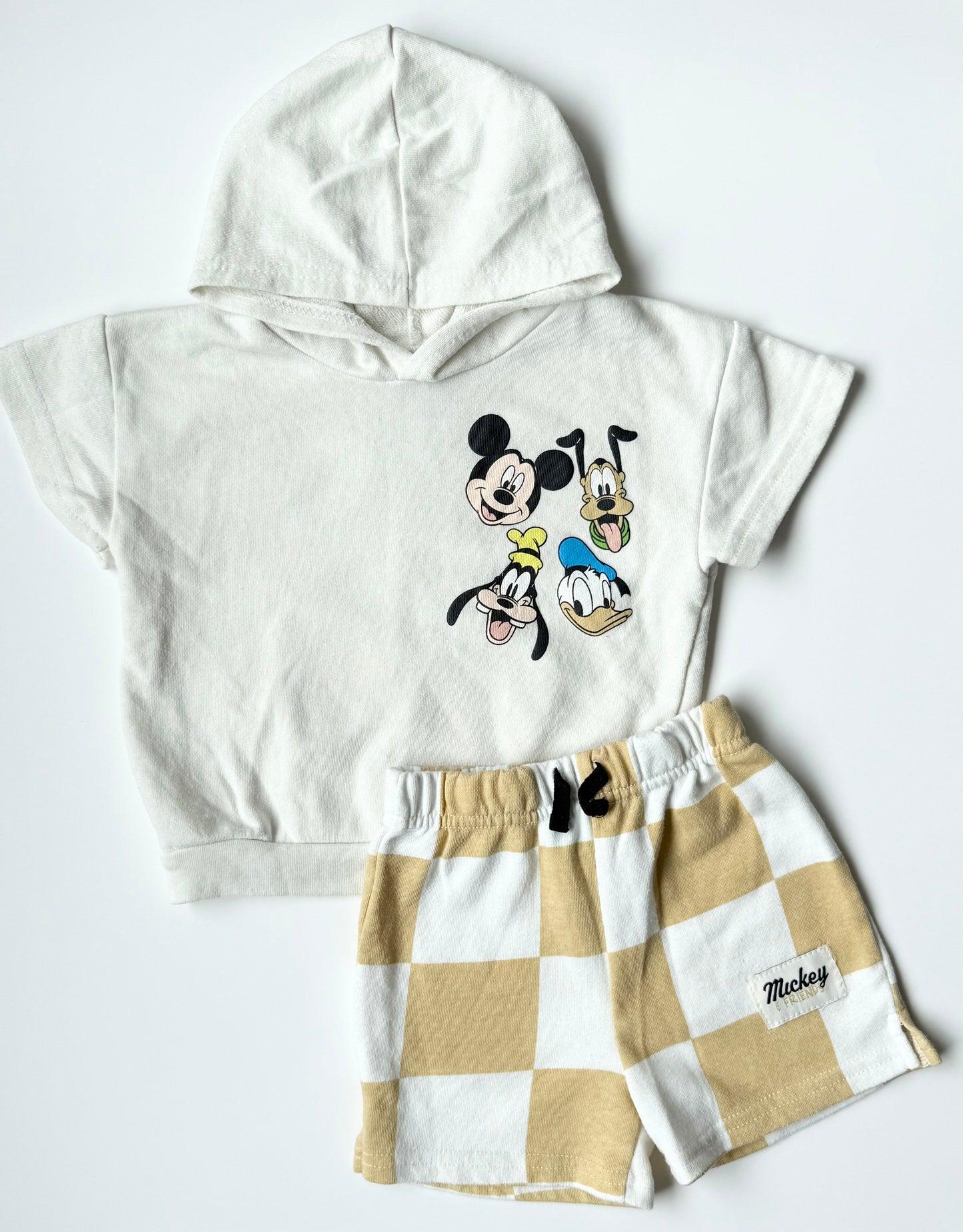 Disney Baby White & Yellow Checkered Disney Characters Short Sleeve Hoodie & Shorts Matching Set (18 Months)