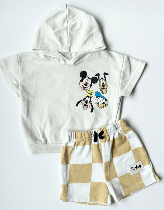 Disney Baby White & Yellow Checkered Disney Characters Short Sleeve Hoodie & Shorts Matching Set (18 Months)
