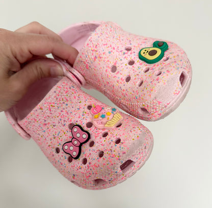 Crocs Pink Sprinkle Clogs With Fun Jibbitz Slip Ons (9/10C)
