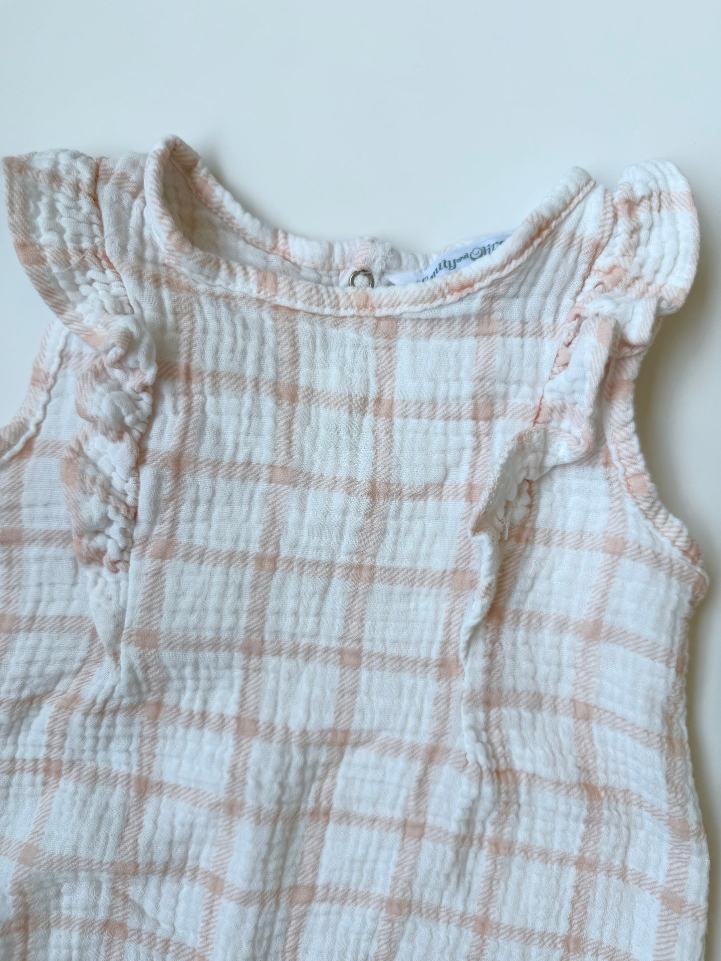 Emily & Oliver Pink & White Plaid Muslin Summer Romper (12 Months)