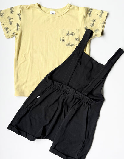 Little & Lively Yellow Bicycle T-Shirt & Black Shorty Overalls Matching Set (3T/4T)