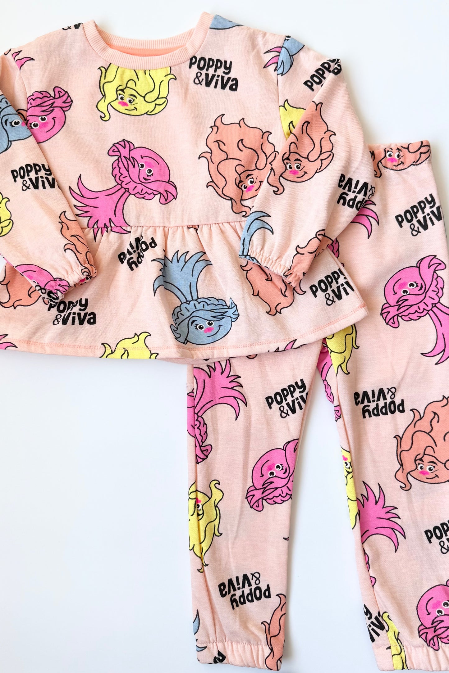 Dreamworks Trolls Orange Neon Poppy & Viva AOP Peplum Sweater & Pants Set (4T)