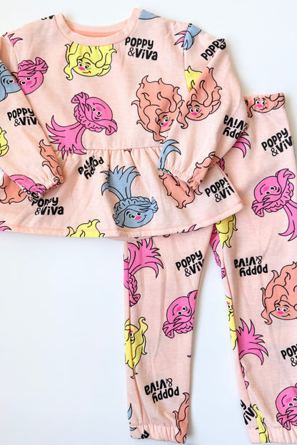 Dreamworks Trolls Orange Neon Poppy & Viva AOP Peplum Sweater & Pants Set (4T)