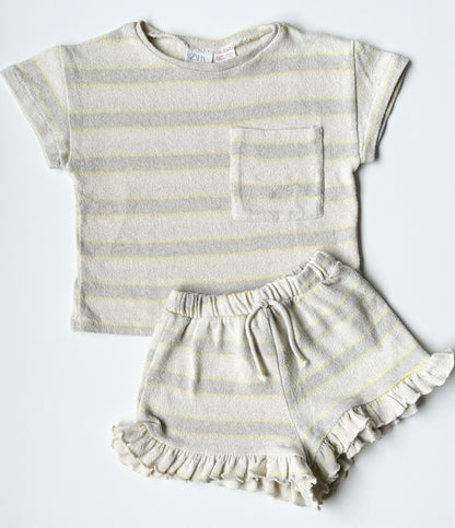 Zara Beige & Yellow Striped T-Shirt & Matching Shorts Set (4-5 Years)