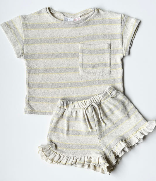 Zara Beige & Yellow Striped T-Shirt & Matching Shorts Set (4-5 Years)