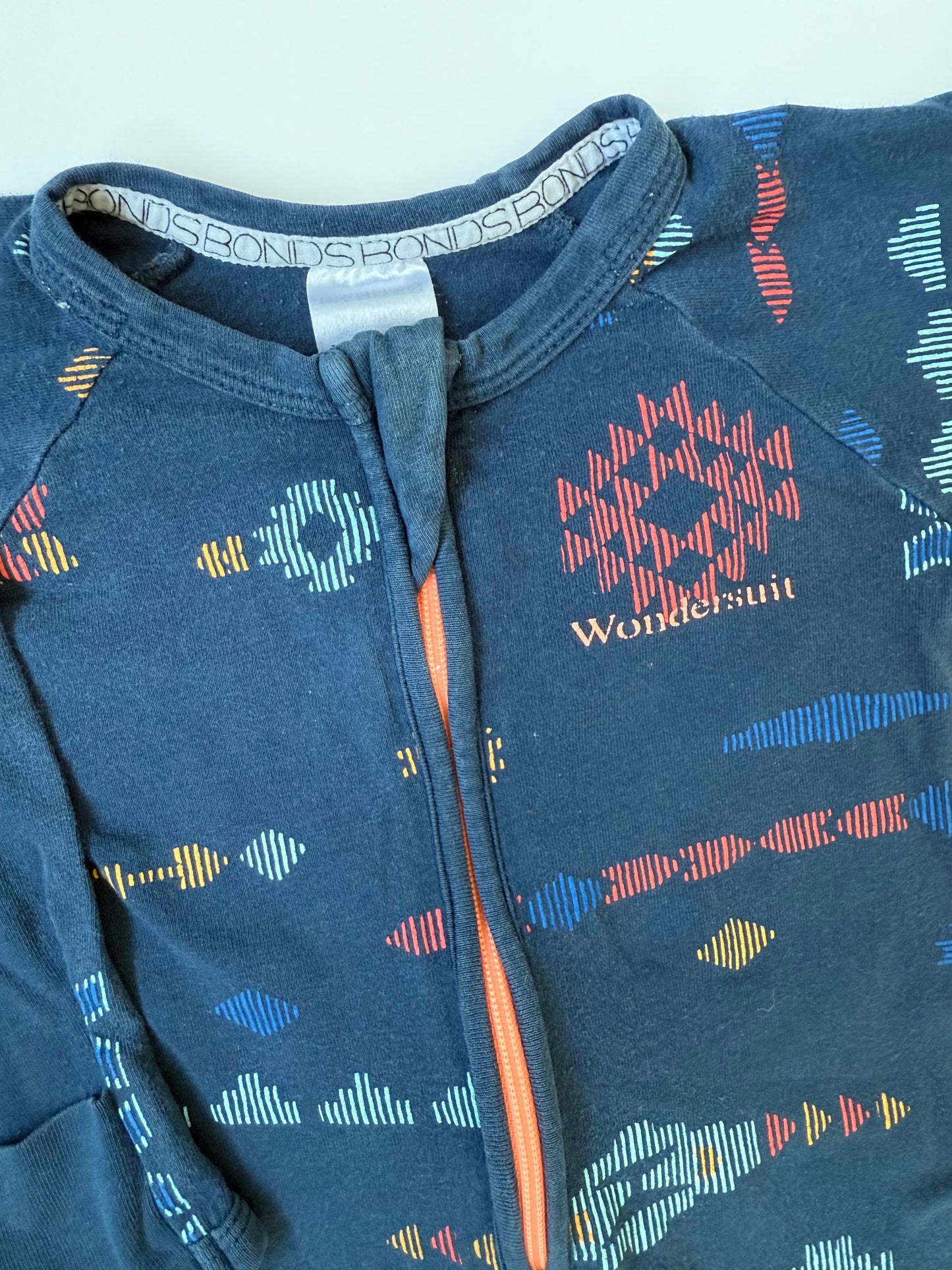 Bonds Wondersuit Navy & Colourful Geometric Sleeper Romper (3-6 Months)