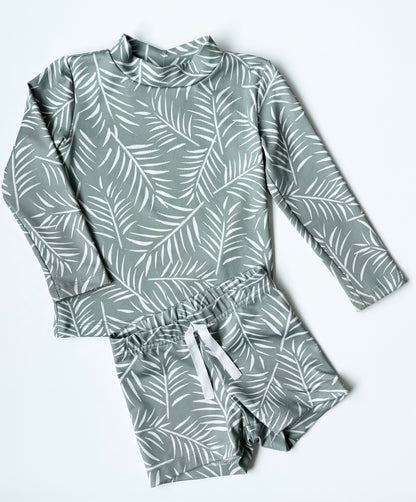 Imagine Perry Green Palm Leaves Long Sleeve & Shorts Two Piece Swimsuit Set (2T)