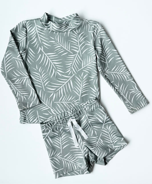 Imagine Perry Green Palm Leaves Long Sleeve & Shorts Two Piece Swimsuit Set (2T)
