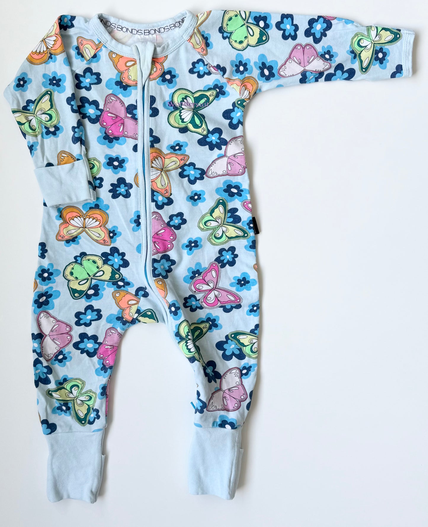 Bonds Wondersuit Blue & Colourful Butterflies Sleeper Romper (3-6 Months)