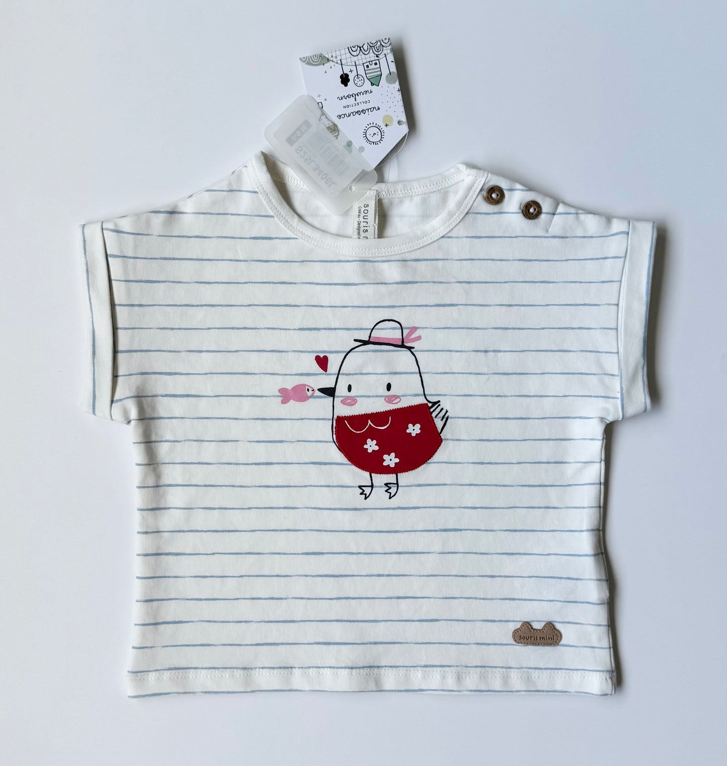 Souris Mini White & Blue Striped Birdie Short Sleeve - New (6-9 Months)