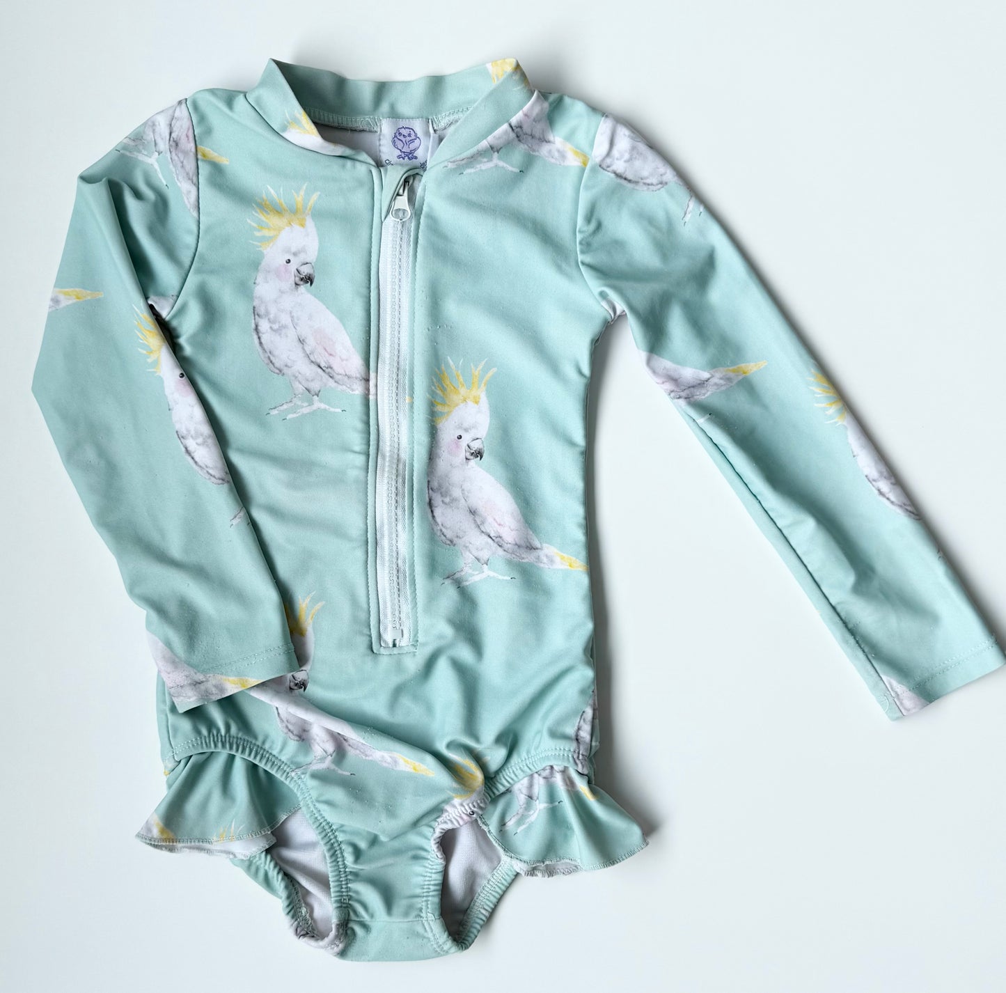 Cheeky Chickadee Light Green Parrot Long Sleeve One Piece Swimsuit (3T)