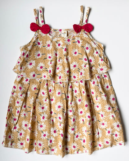 Dark Yellow & Pink Flowers Bow Straps Top (7-9 Years)