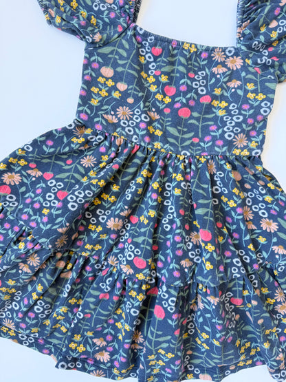 Alice + Ames Blue Floral Short Puff Sleeve Tiered Juliet Dress (3T)