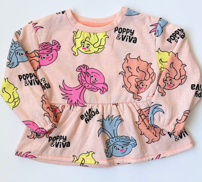 Dreamworks Trolls Orange Neon Poppy & Viva AOP Peplum Sweater & Pants Set (4T)